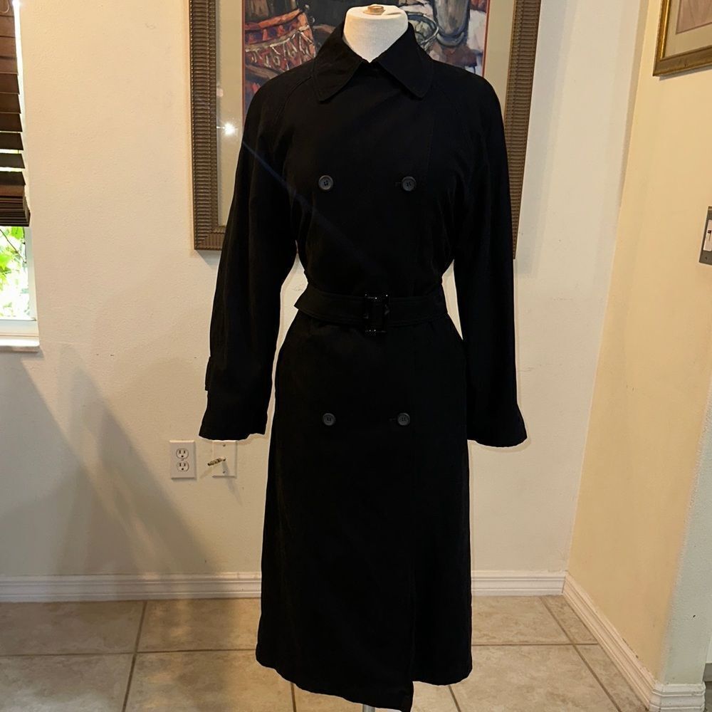 London Fog Trench Coat -Black Long Double Breasted w/ Matching Belt Size 6P